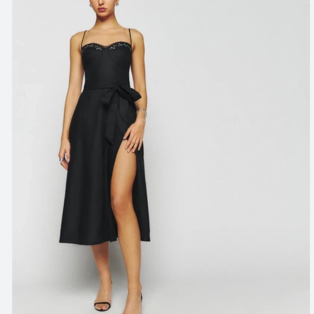 NEW Reformation Kieryn Linen Midi Dress - Black - Picture 2 of 10